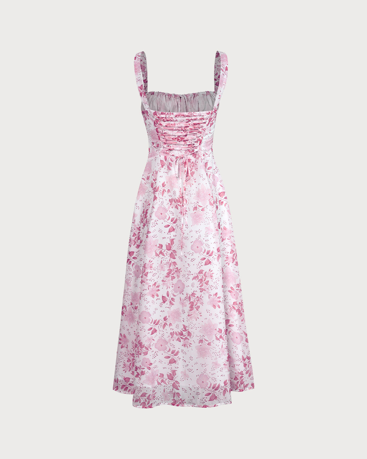 Roze Midi-jurk met Vierkante Hals, Bloemenpatroon en Ruffles