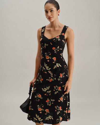 Zwarte Bloemen Maxi-jurk met Ruffles en Spaghetti Bandjes