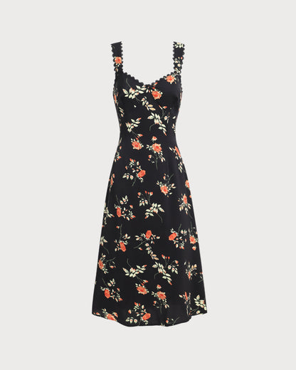 Zwarte Bloemen Maxi-jurk met Ruffles en Spaghetti Bandjes