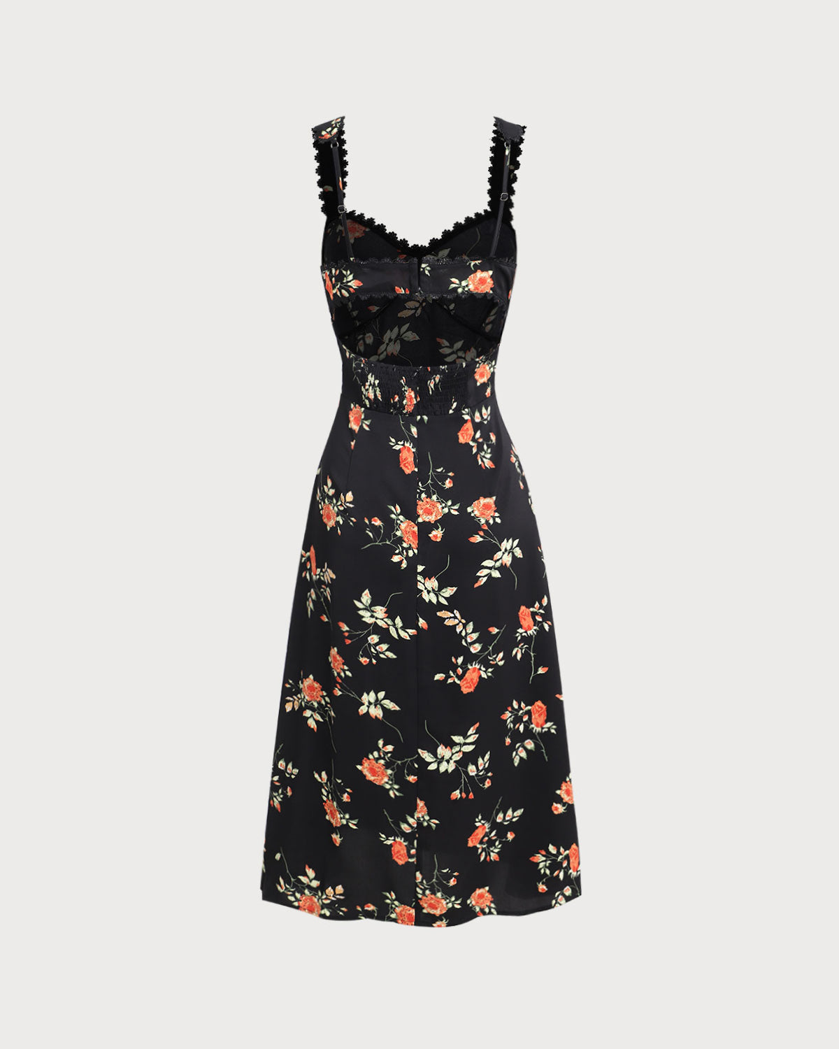Zwarte Bloemen Maxi-jurk met Ruffles en Spaghetti Bandjes